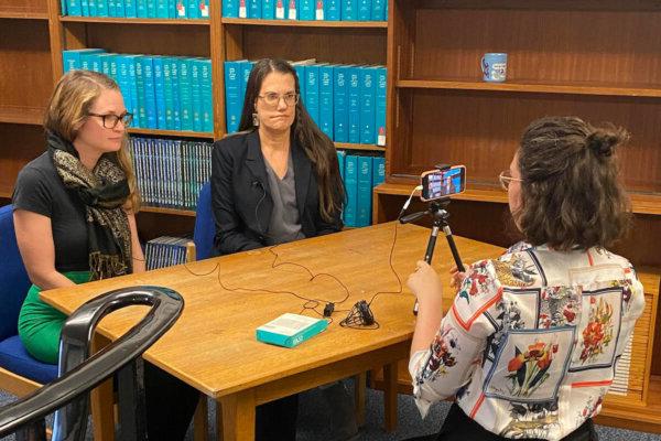 Shenandoah University Professor of Criminology and Criminal Justice Staci Strobl and Cardiff University Lecturer in Climate Science Sammy Buzzard record a video together as part of their Collaborative Online International Learning project for the US-UK Fulbright Commission's Global Challenges Teaching Award